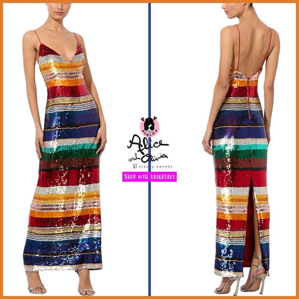 Alice + Olivia Artea Rainbow Sequin Striped Multi Embellished Maxi Gown Dress